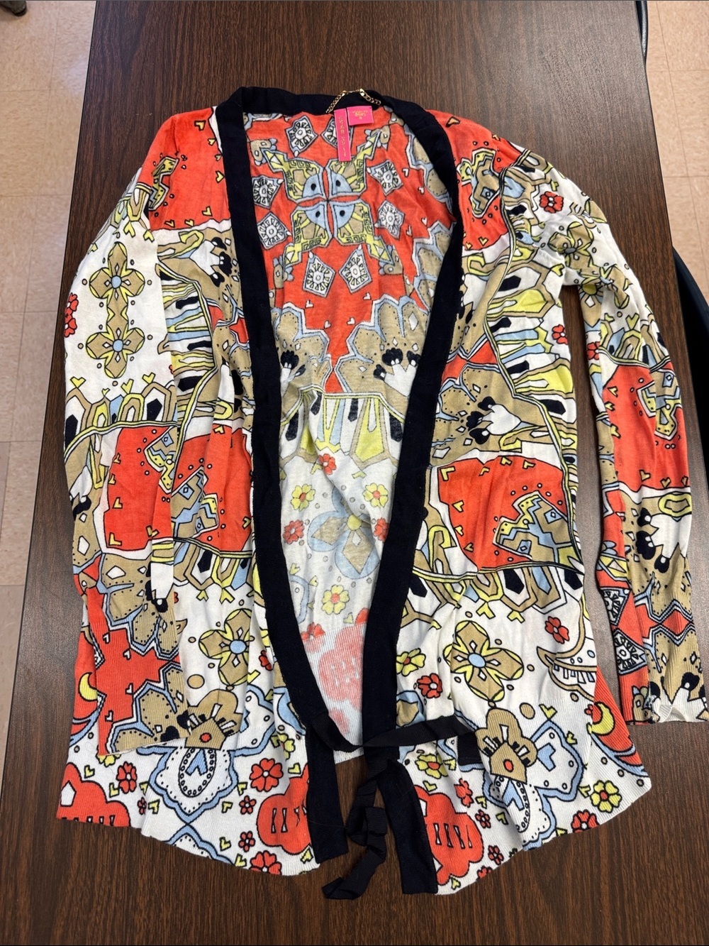 Charlotte Tarantola Red, White, Gold Patterned Open Cardigan